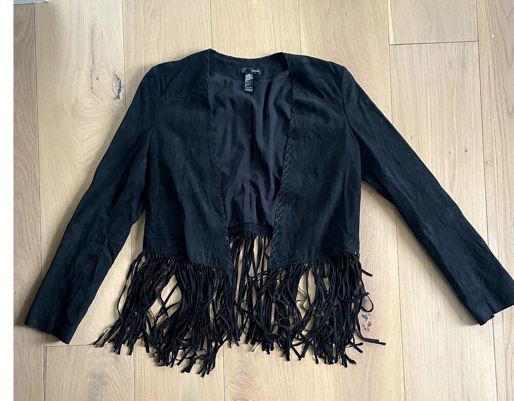 Aqua Fringe Black Leather Suede Coat - Size Small